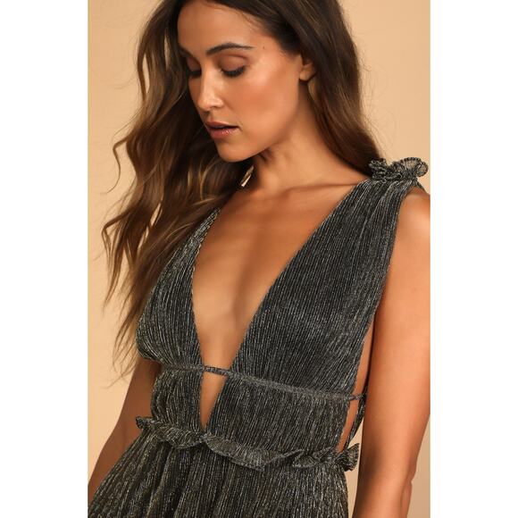 LULU'S Spotlight on You gold black long high slit sleeveless sexy maxi dress - Picture 6 of 11